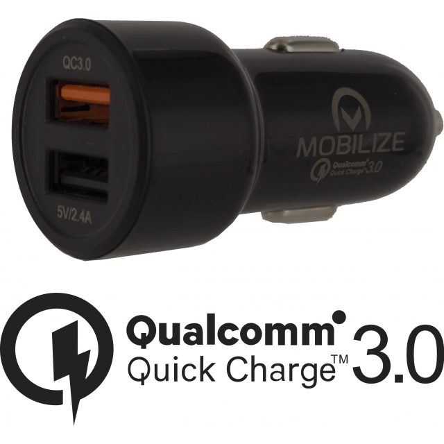 Mobilize Slimme Autolader Dubbele USB 4.8A 24W met Qualcomm QC3.0 Zwart