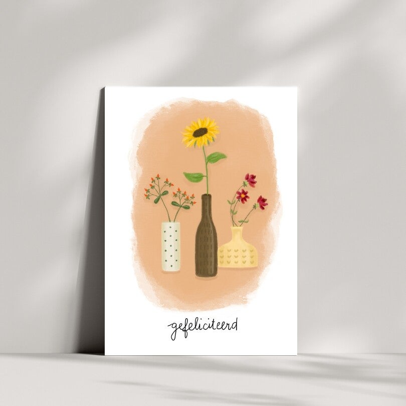 Gefeliciteerd bloemen in vaasjes wenskaart