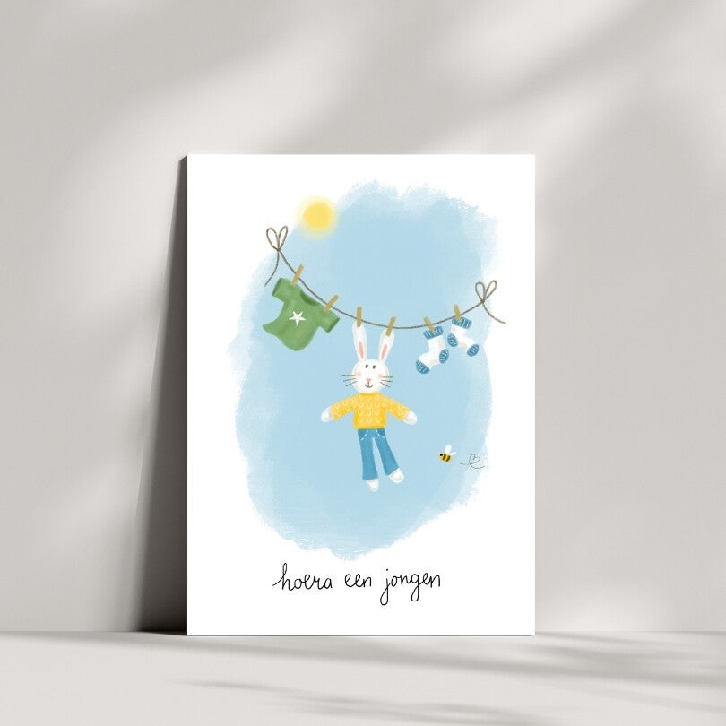 Hoera een jongen konijn wenskaart